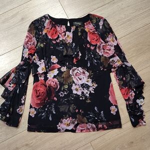 Floral Ruffle Sleeve Top - Black and Pink Ladies Size XS